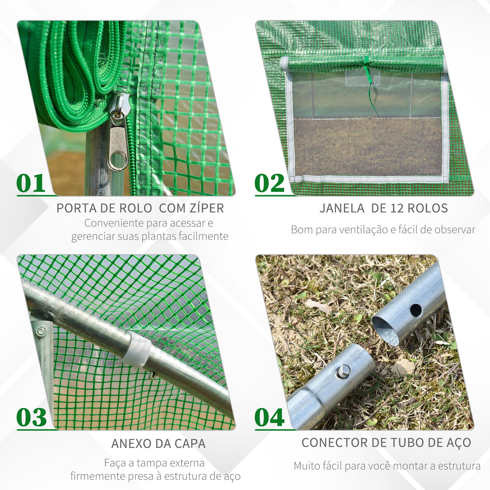 Estufa tipo túnel 800x300x200cm com 12 janelas e porta enrolável cobertura de PE 140g/m² e aço teto pontiagudo para cultivo de plantas verduras verde
