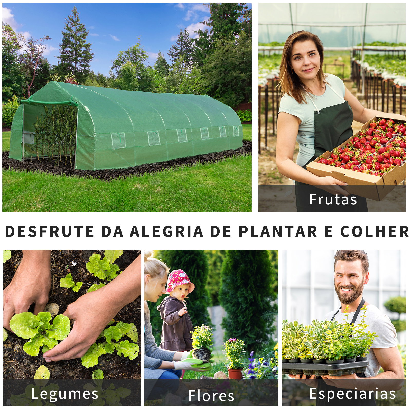 Estufa tipo túnel 800x300x200cm com 12 janelas e porta enrolável cobertura de PE 140g/m² e aço teto pontiagudo para cultivo de plantas verduras verde