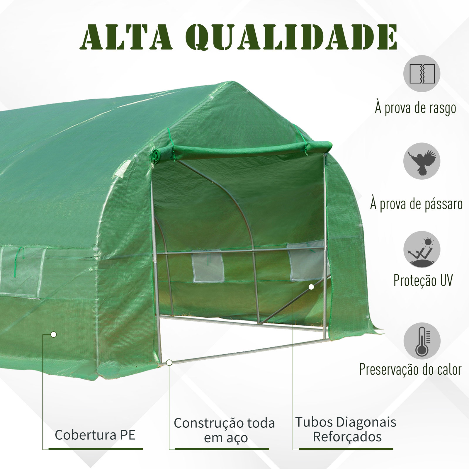 Estufa tipo túnel 800x300x200cm com 12 janelas e porta enrolável cobertura de PE 140g/m² e aço teto pontiagudo para cultivo de plantas verduras verde