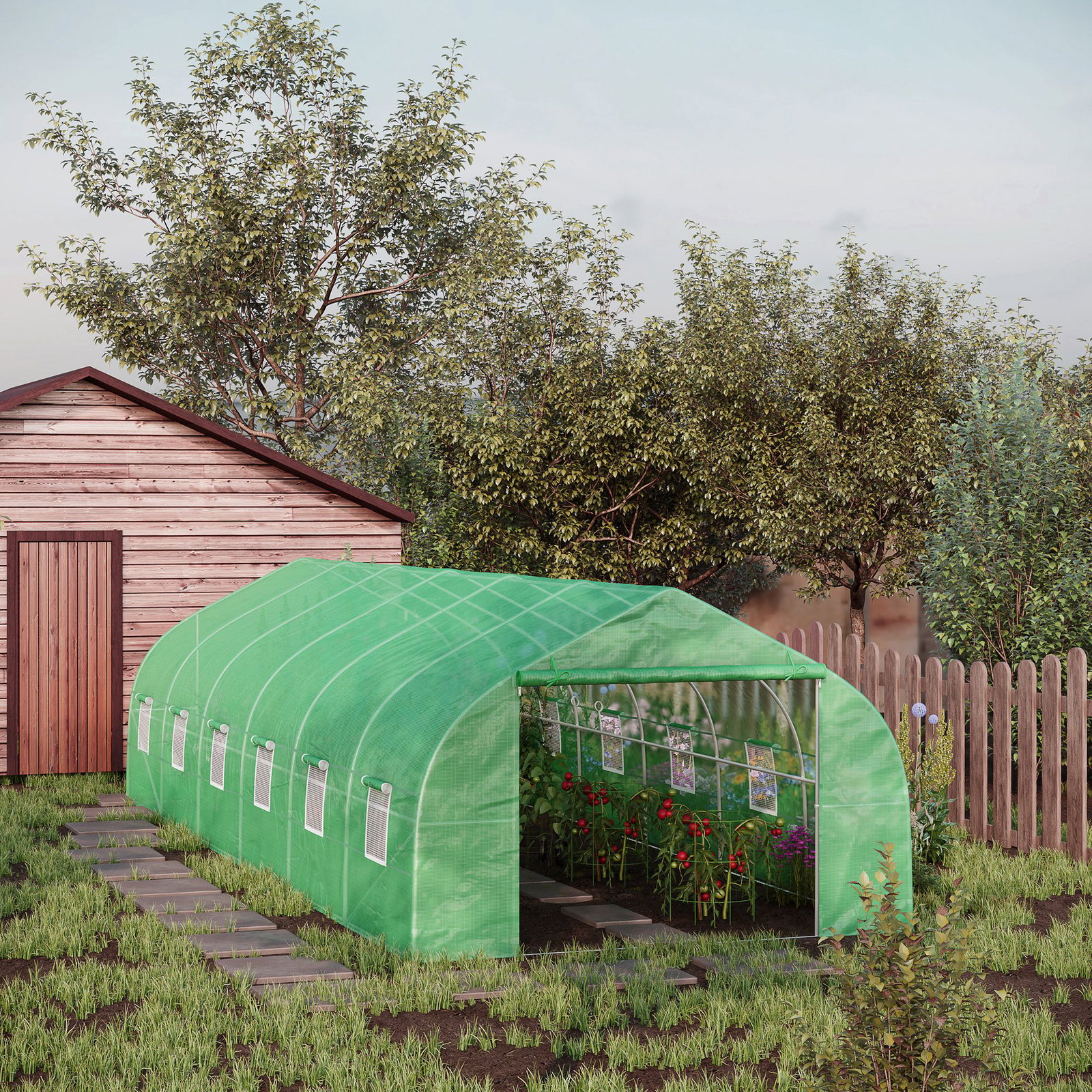 Estufa tipo túnel 800x300x200cm com 12 janelas e porta enrolável cobertura de PE 140g/m² e aço teto pontiagudo para cultivo de plantas verduras verde