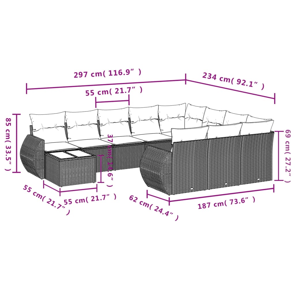 11 Pcs conjunto sofás de jardim c/ almofadões vime PE preto