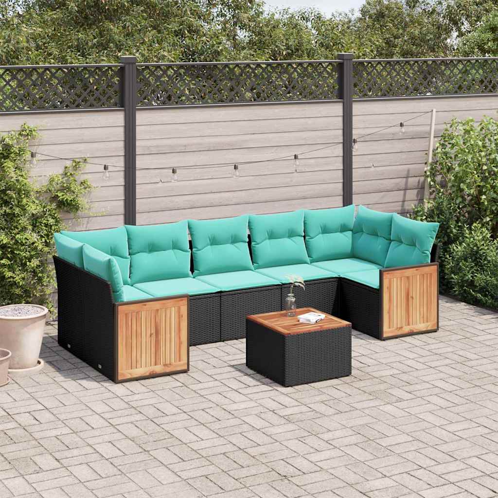 Conjunto de sofá de jardim com 8 peças e almofadas em rattan sintético preto