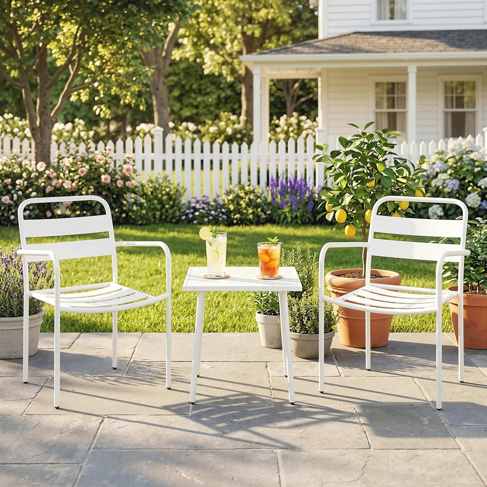 Conjunto de jardim com 3 peças em aço galvanizado com 2 cadeiras e mesa de vidro temperado branco