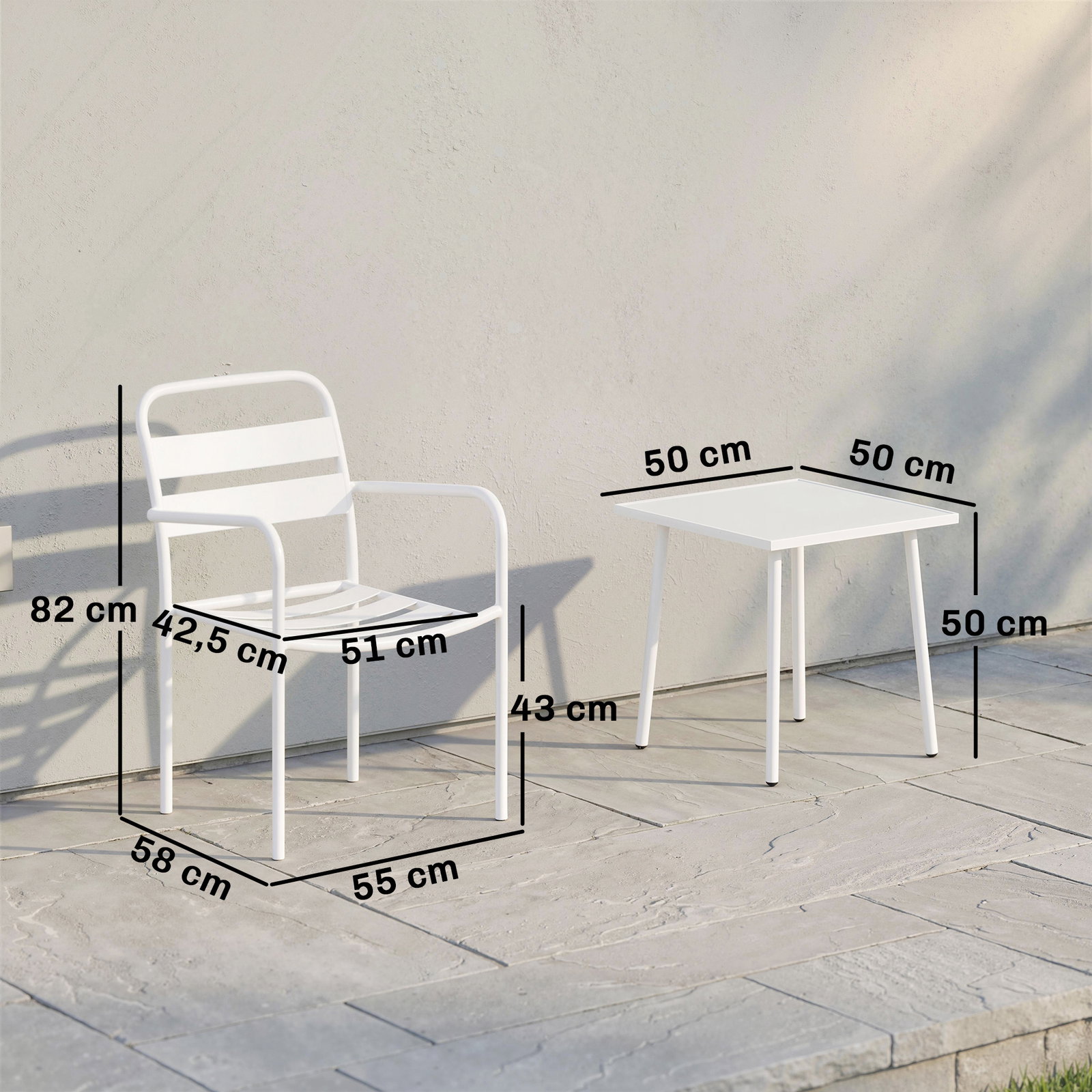 Conjunto de jardim com 3 peças em aço galvanizado com 2 cadeiras e mesa de vidro temperado branco