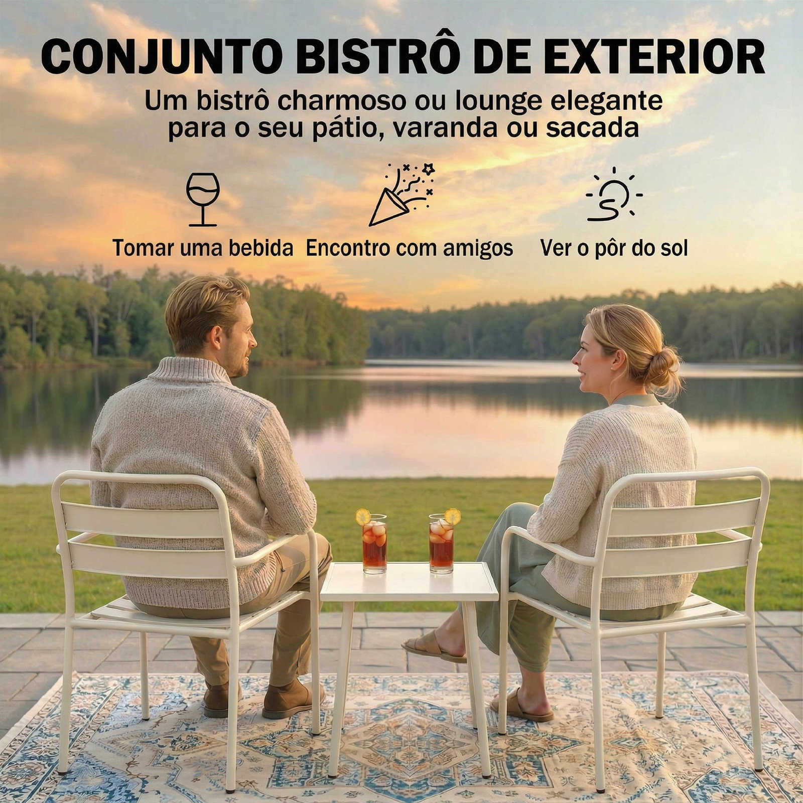 Conjunto de jardim com 3 peças em aço galvanizado com 2 cadeiras e mesa de vidro temperado branco
