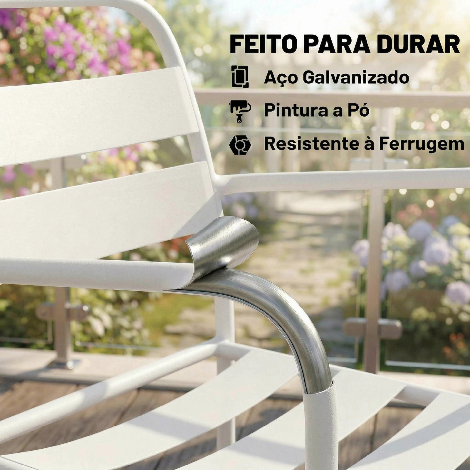Conjunto de jardim com 3 peças em aço galvanizado com 2 cadeiras e mesa de vidro temperado branco