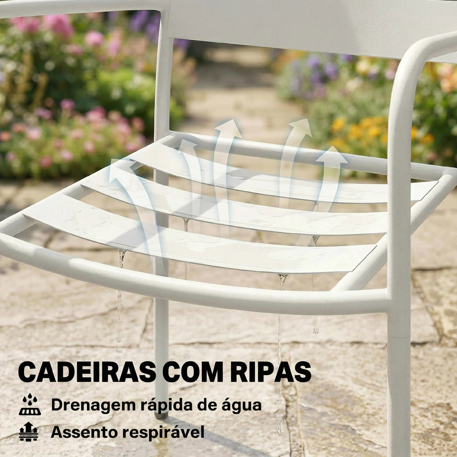 Conjunto de jardim com 3 peças em aço galvanizado com 2 cadeiras e mesa de vidro temperado branco
