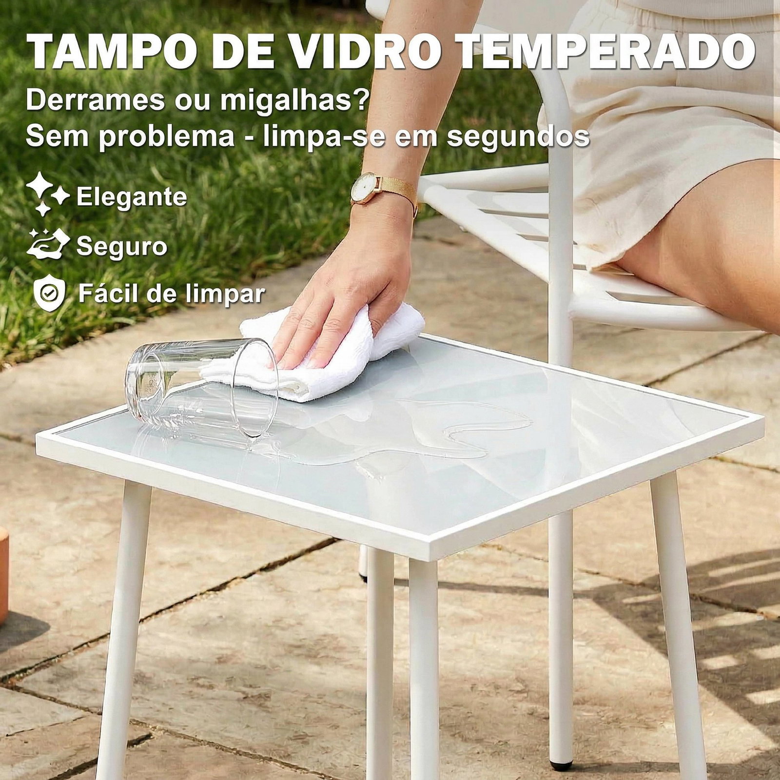 Conjunto de jardim com 3 peças em aço galvanizado com 2 cadeiras e mesa de vidro temperado branco