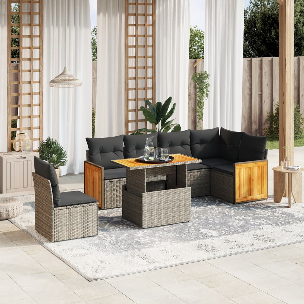 7 Pcs conjunto sofás p/ jardim c/ almofadões vime PE cinzento