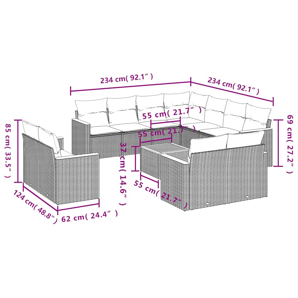 12 Pcs conjunto de sofás de jardim c/ almofadões vime PE preto