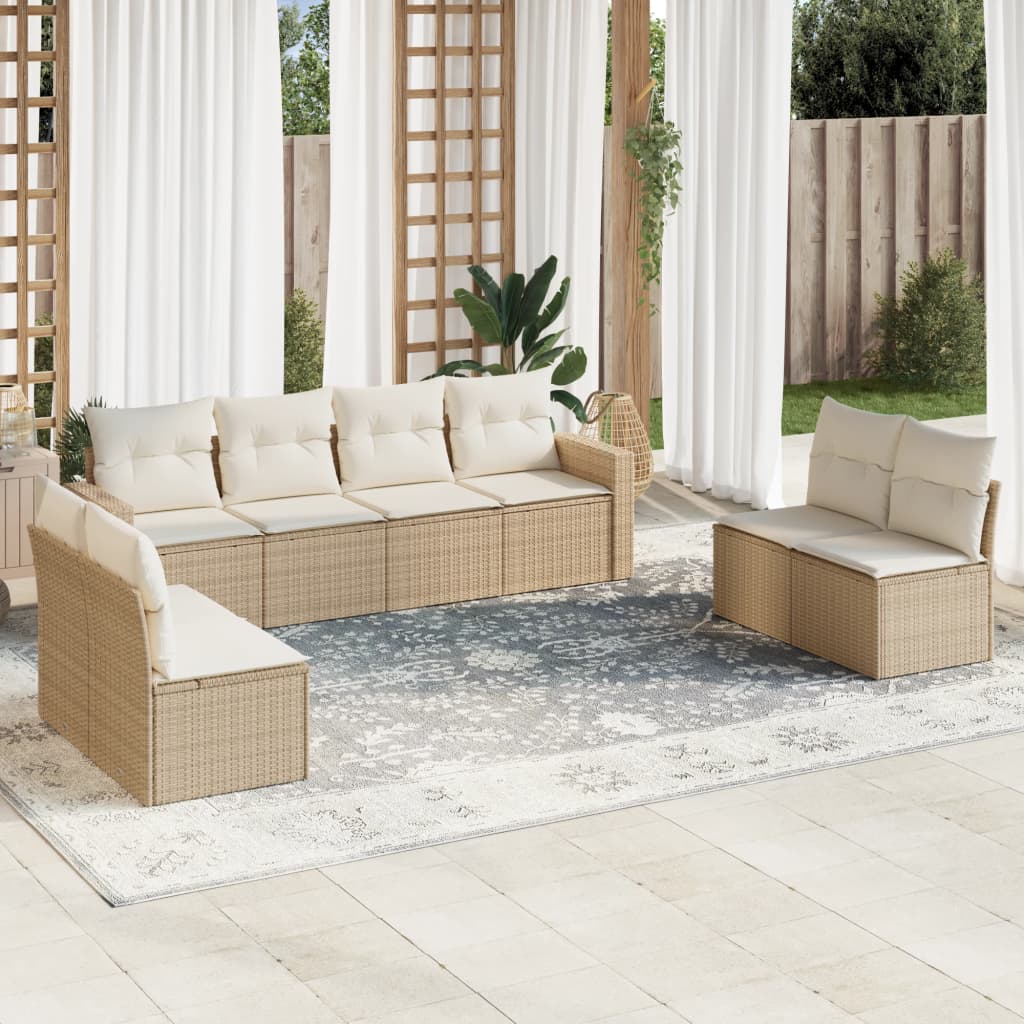 9 Pcs conjunto de sofás p/ jardim com almofadões vime PE bege