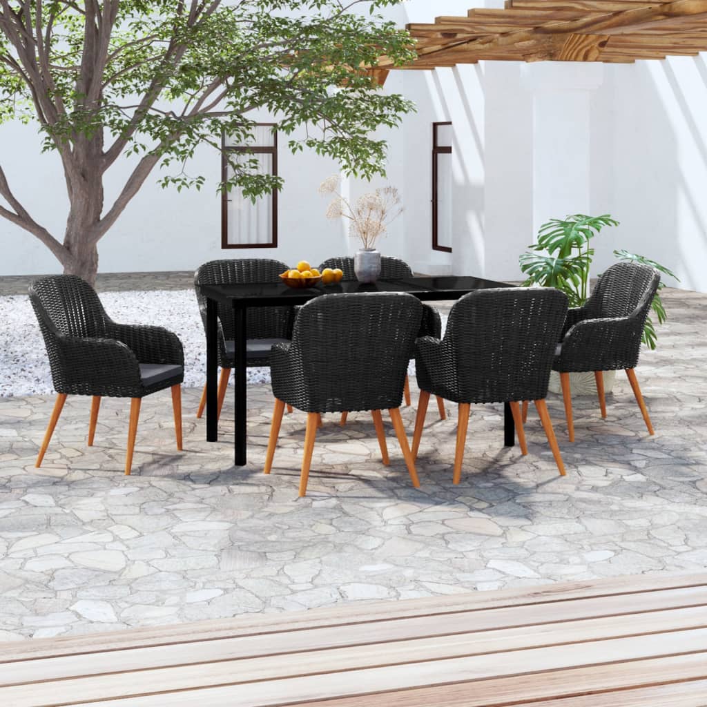 7 Pcs conjunto de jantar para jardim com almofadões preto