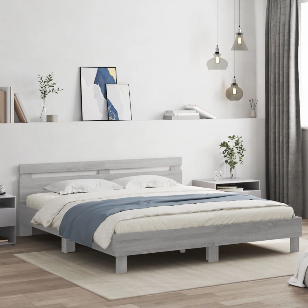 Estrutura cama c/ cabeceira/luzes LED 180x200cm cinzento sonoma