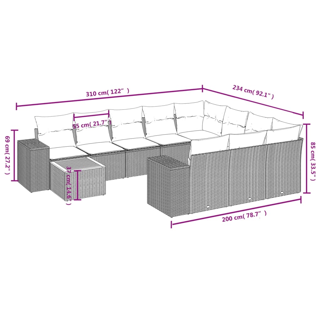 11 Pcs conjunto sofás de jardim c/ almofadões vime PE preto