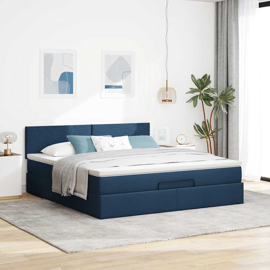 Estrutura de cama otomana com tecido azul colchão 180x200cm