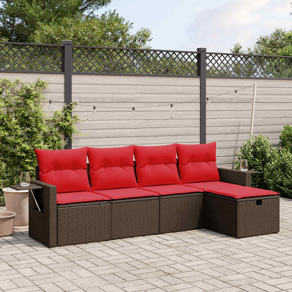 Conjunto de sofá de jardim de 5 peças com almofadas em rattan sintético marrom