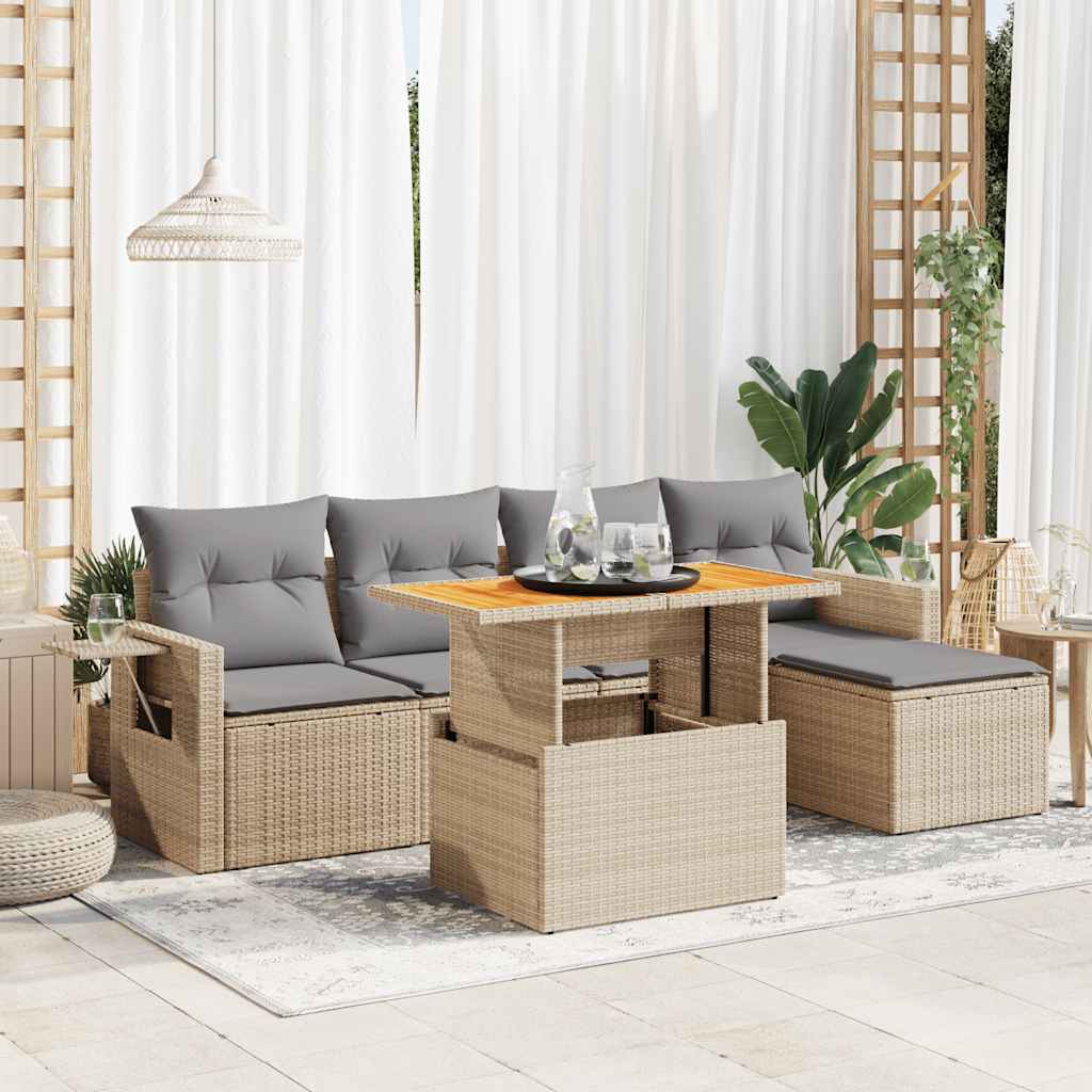 6 Pcs conjunto de sofás p/ jardim com almofadões vime PE bege