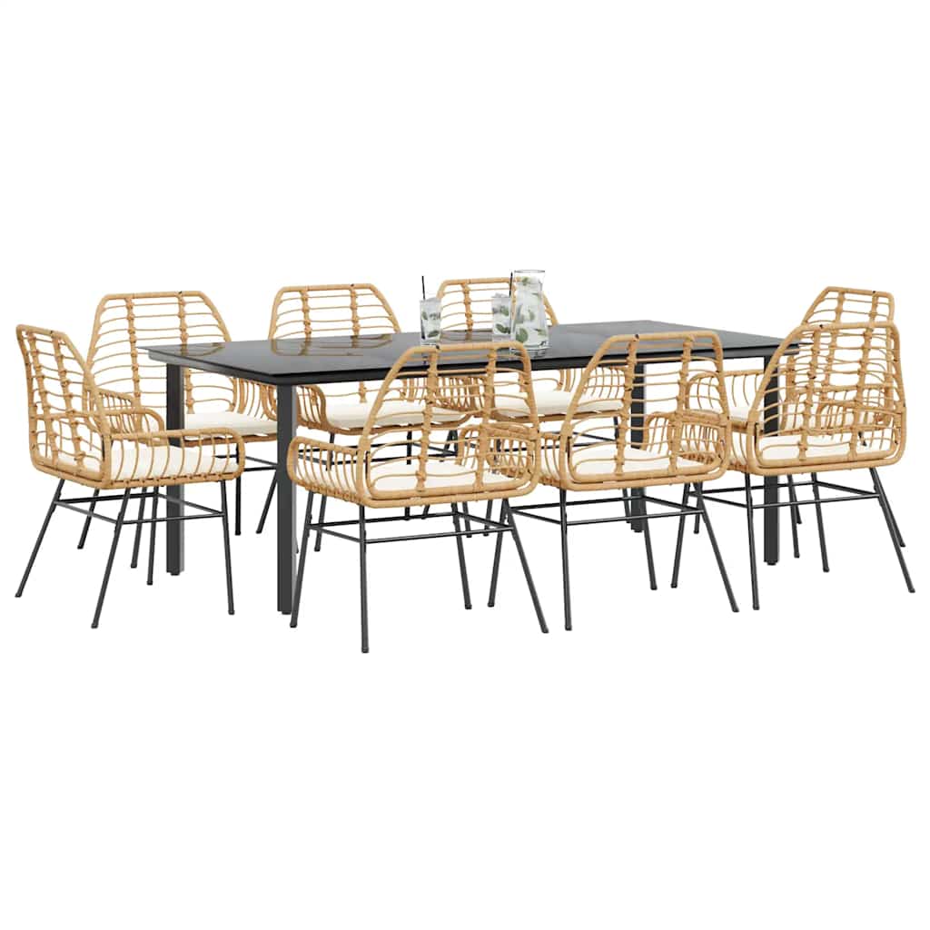 Conjunto jantar jardim 9 peças almofadas vidro vime PE castanho