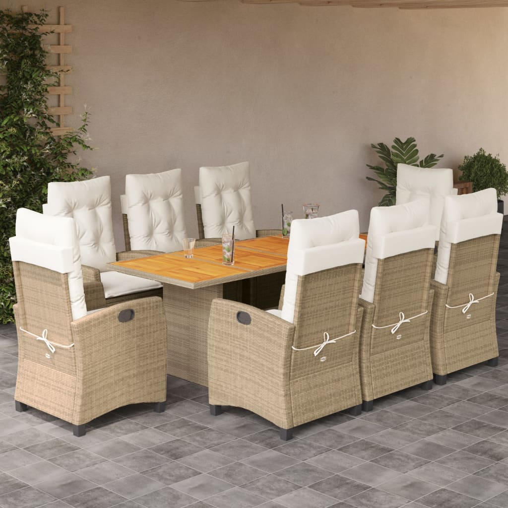 9 Pcs conjunto de jantar p/ jardim com almofadões vime PE bege