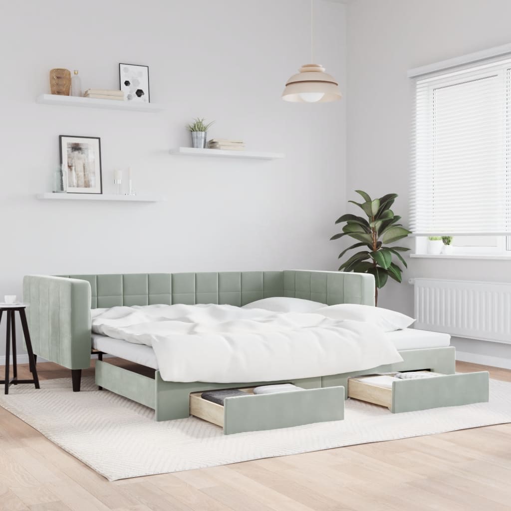 Sofá-cama c/ gavetão e gavetas 100x200 cm veludo cinzento-claro