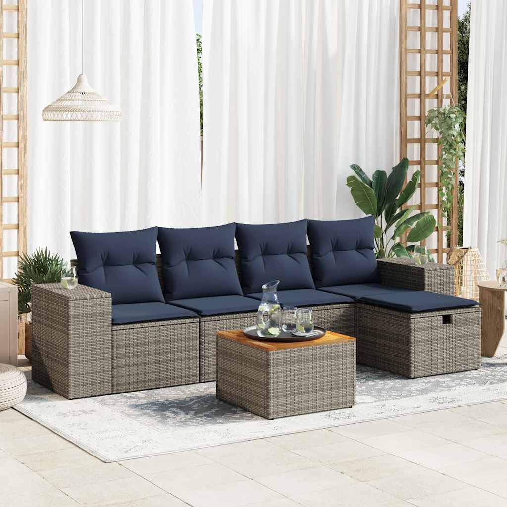 6 Pcs conjunto sofás de jardim com almofadões vime cinzento