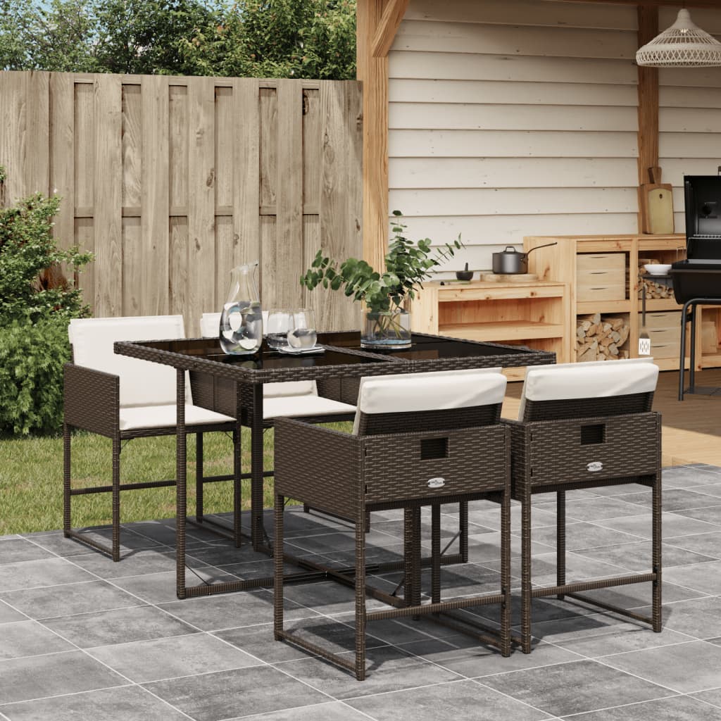 5 Pcs conjunto jantar p/ jardim c/ almofadões vime PE castanho