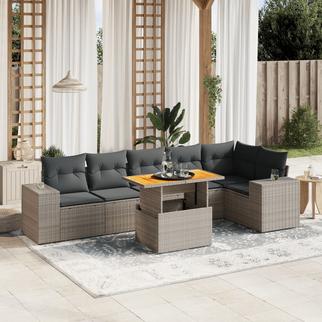 7 Pcs conjunto sofás p/ jardim c/ almofadões vime PE cinzento