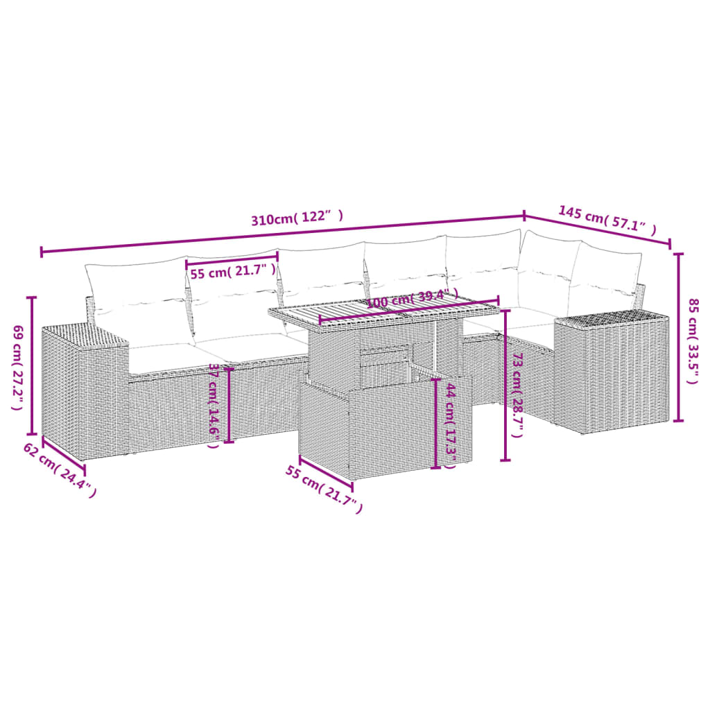 7 Pcs conjunto sofás p/ jardim c/ almofadões vime PE cinzento