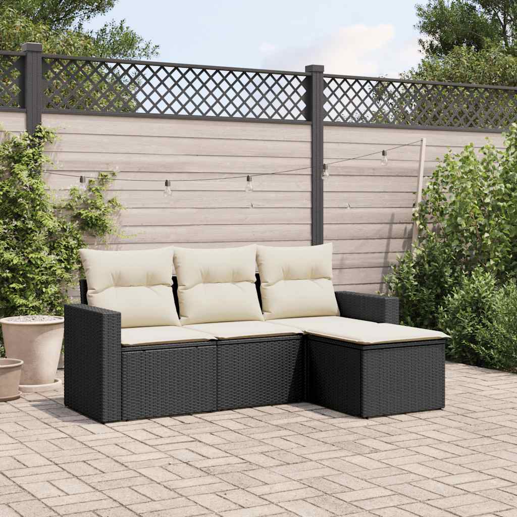 4 Pcs conjunto de sofás para jardim c/ almofadões vime PE preto