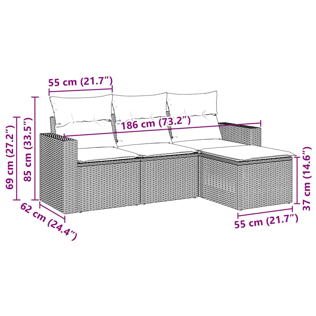 4 Pcs conjunto de sofás para jardim c/ almofadões vime PE preto