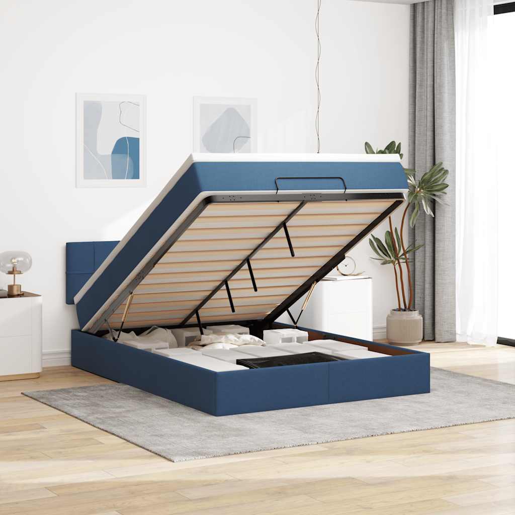 Cama otomana com colchão & leds azul 140x190cm tecido