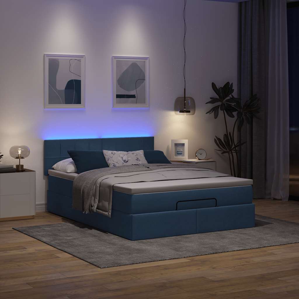 Cama otomana com colchão & leds azul 140x190cm tecido
