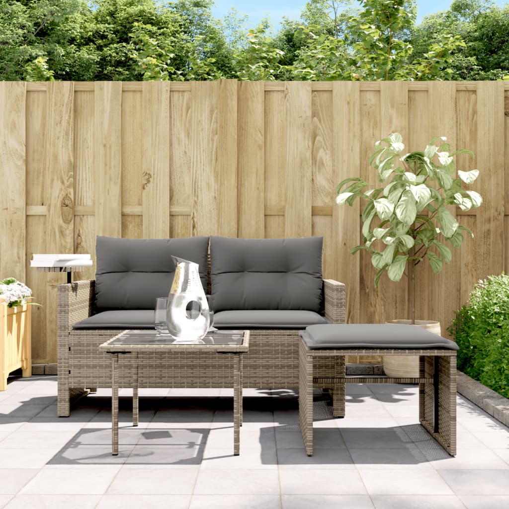 3 Pcs conjunto sofás de jardim c/ almofadões vime PE cinzento