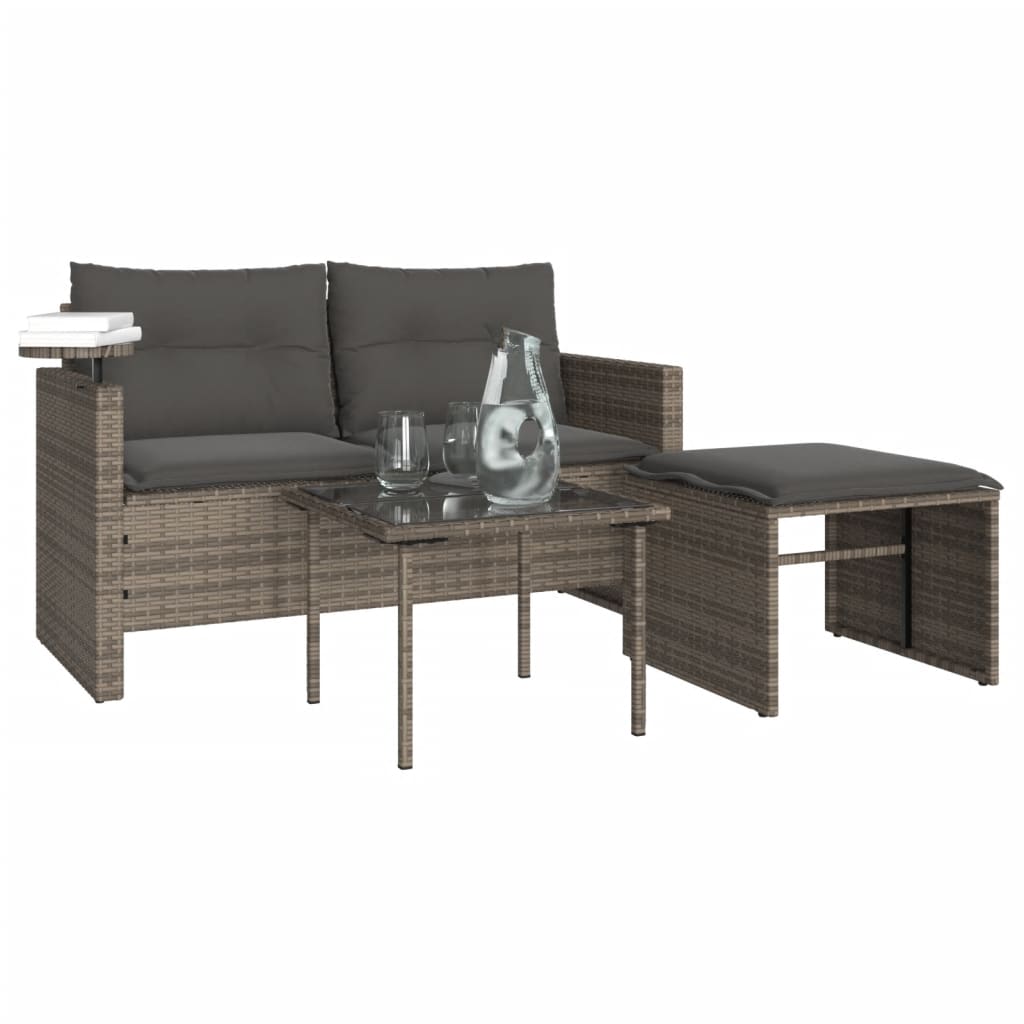3 Pcs conjunto sofás de jardim c/ almofadões vime PE cinzento
