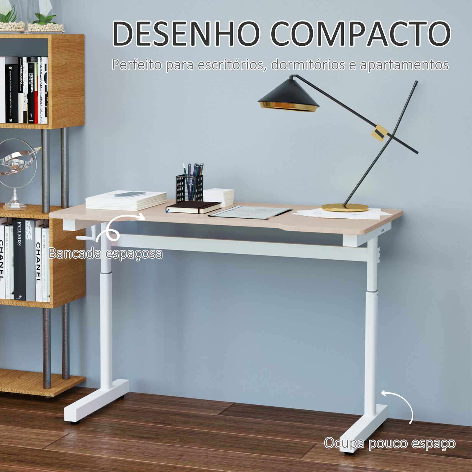 Secretária de Pé com Altura Ajustável a Manivela e Bancada de Carbono Secretária Elevatória para Escritório Estúdio Sala de Esta