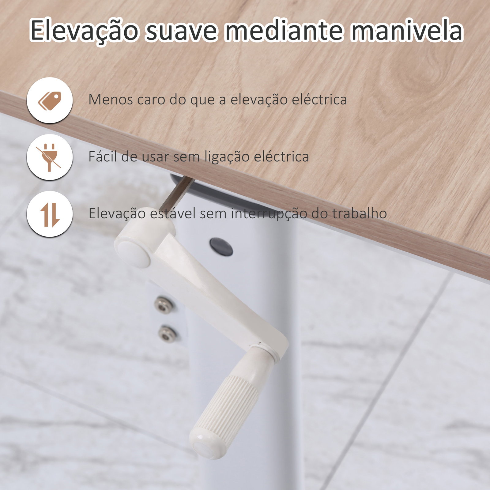 Secretária de Pé com Altura Ajustável a Manivela e Bancada de Carbono Secretária Elevatória para Escritório Estúdio Sala de Esta