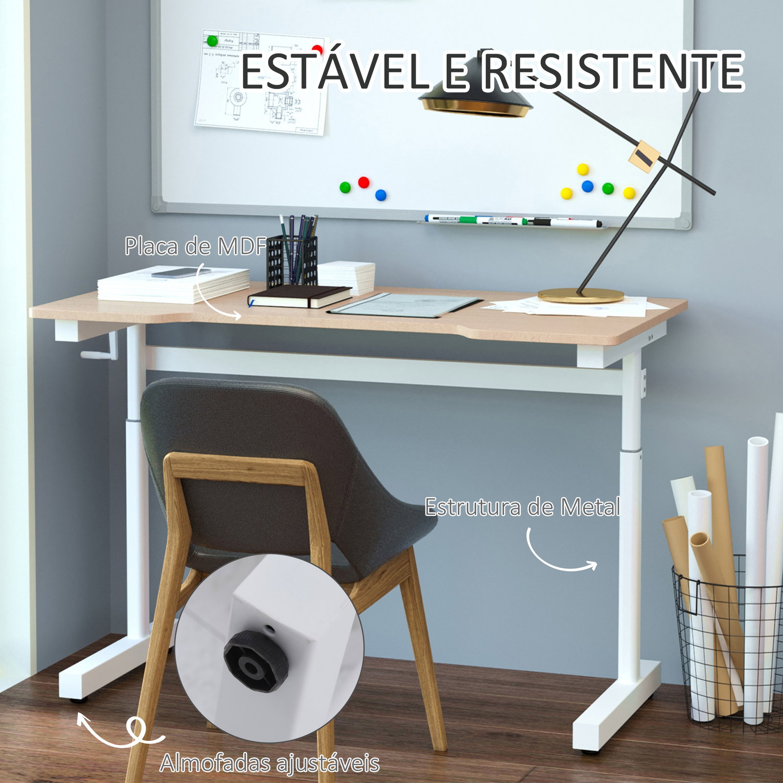 Secretária de Pé com Altura Ajustável a Manivela e Bancada de Carbono Secretária Elevatória para Escritório Estúdio Sala de Esta
