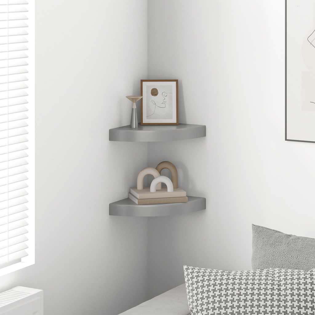 Prateleiras canto suspensas 2 pcs 25x25x3,8cm MDF cinza brilh.