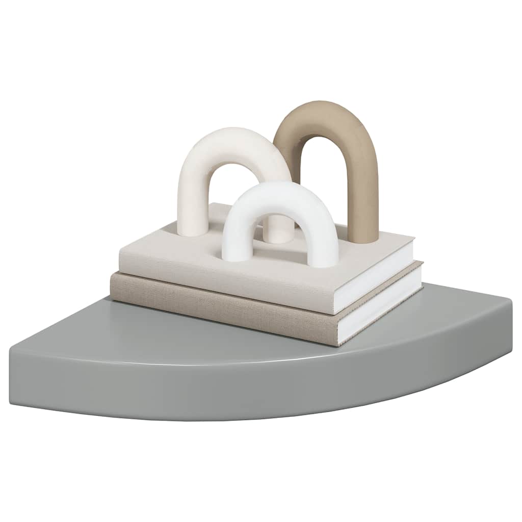 Prateleiras canto suspensas 2 pcs 25x25x3,8cm MDF cinza brilh.