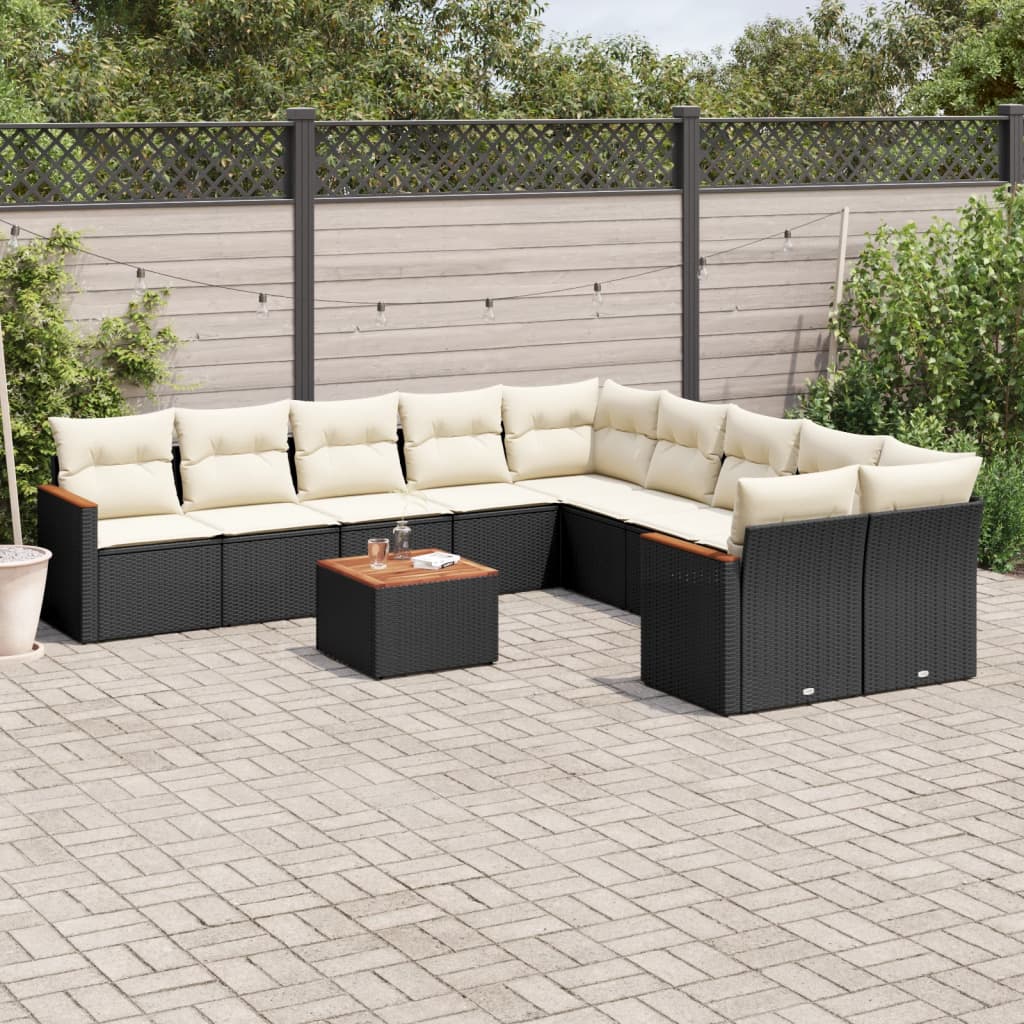 11 Pcs conjunto sofás de jardim c/ almofadões vime PE preto