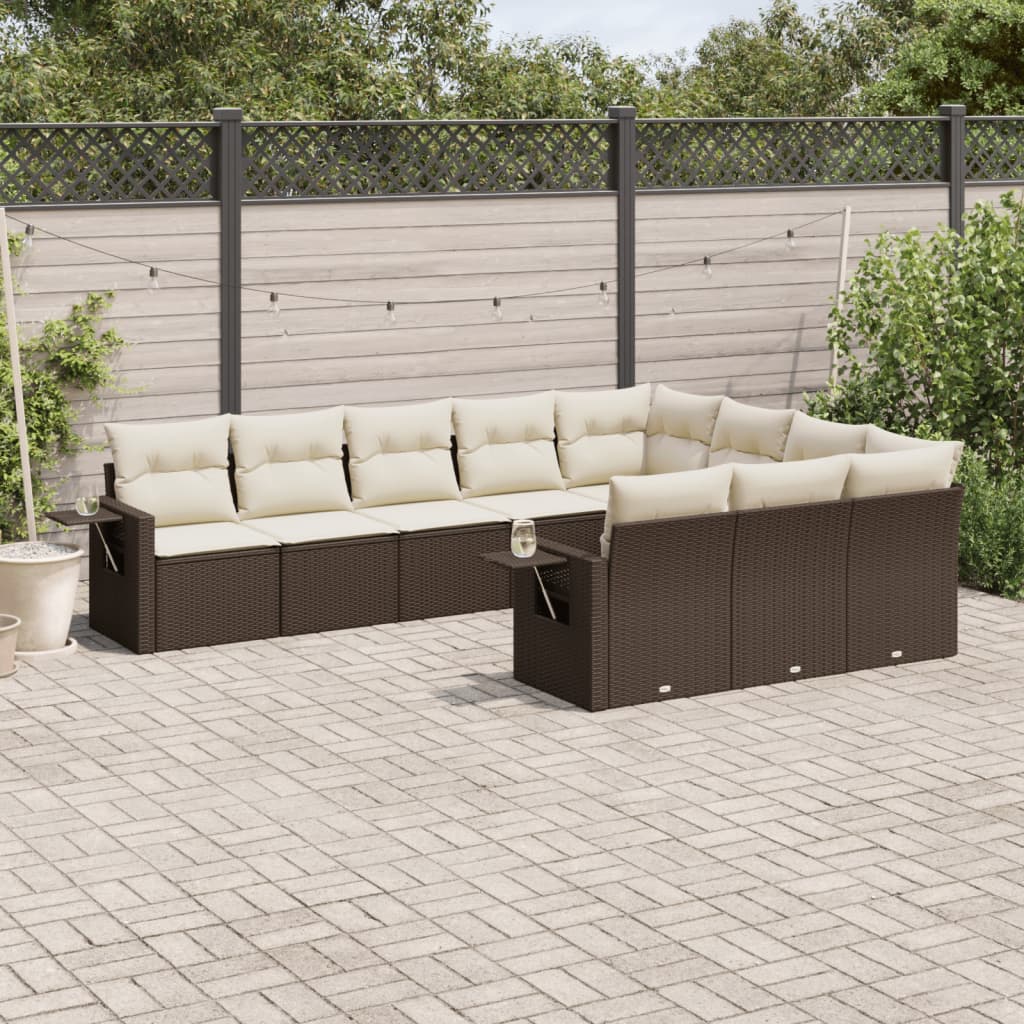 10 Pcs conj. sofás jardim com almofadões vime PE castanho