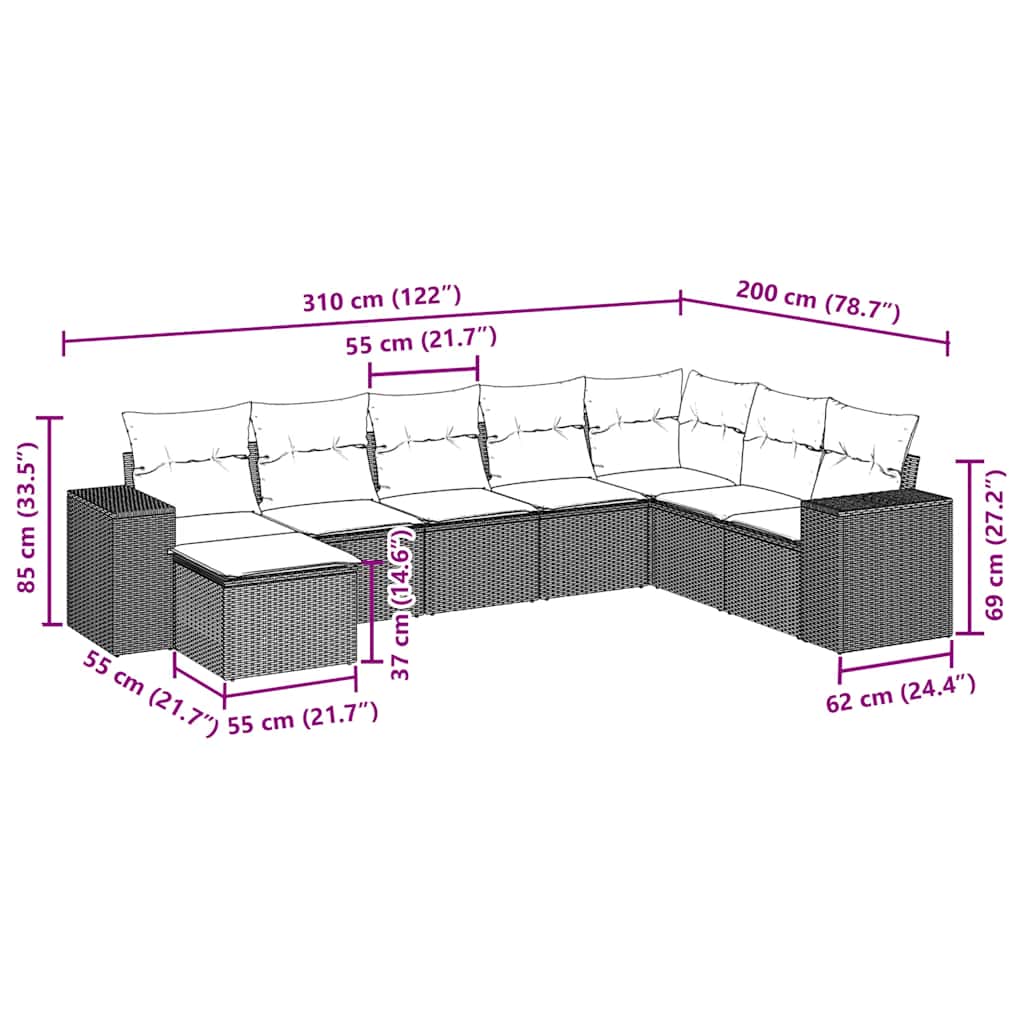 8 Pcs conjunto sofás de jardim com almofadões vime PE preto
