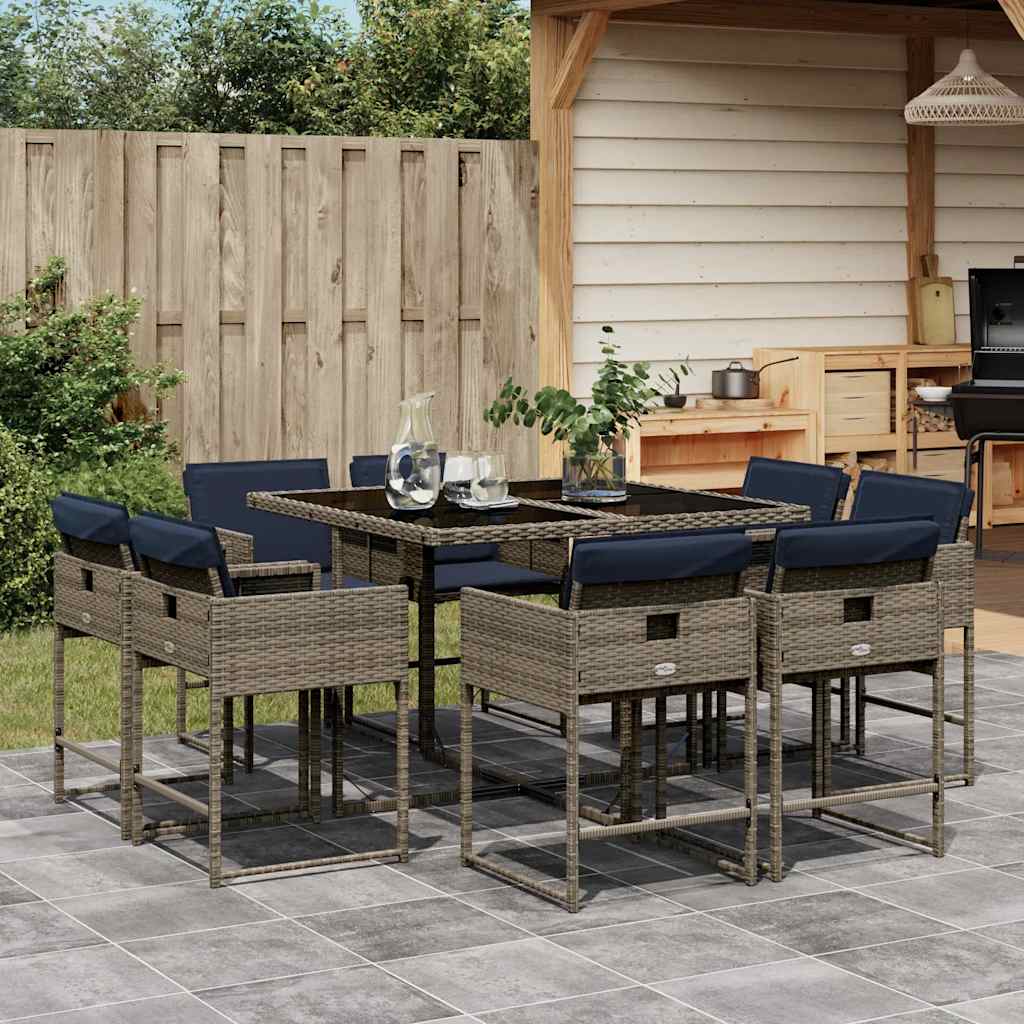Conjunto de jantar para jardim de 9 peças com almofadas, em rattan sintético cinza