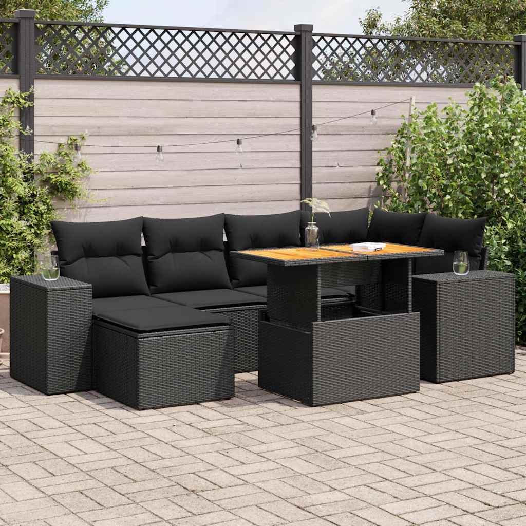 7 Pcs conjunto de sofás p/ jardim c/ almofadões vime PE preto