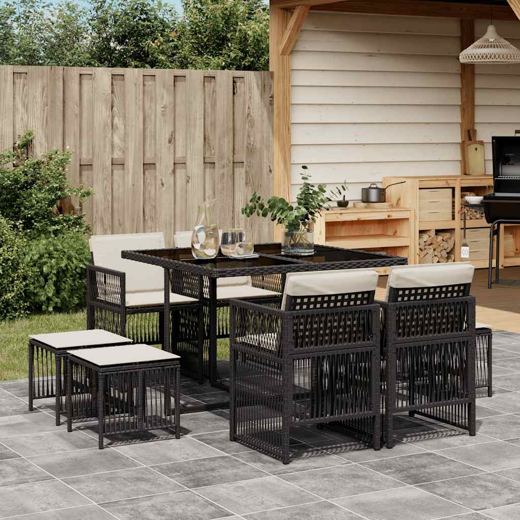 9 Pcs conjunto de jantar p/ jardim c/ almofadões vime PE preto