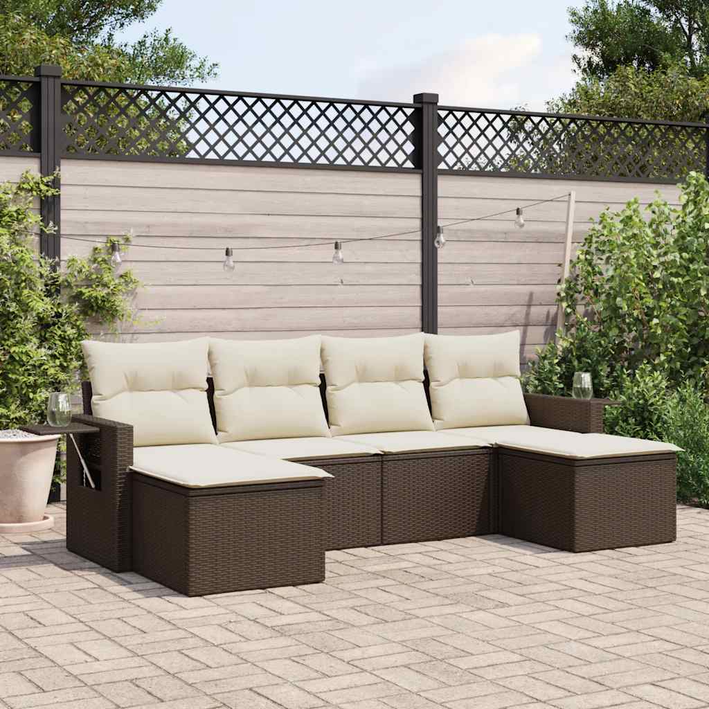 6 Pcs conjunto de sofás jardim c/ almofadões vime PE castanho