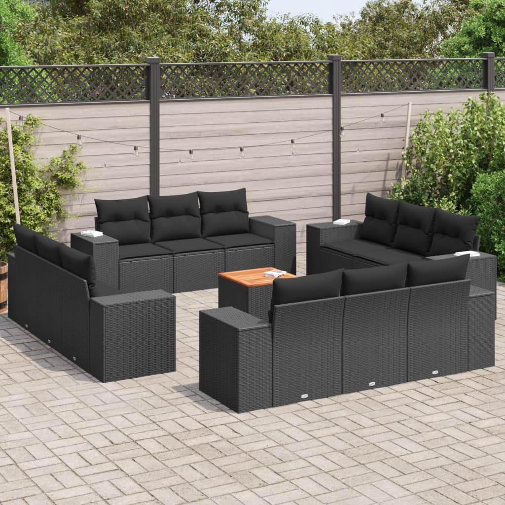 13 Pcs conjunto de sofás de jardim com almofadões vime PE preto