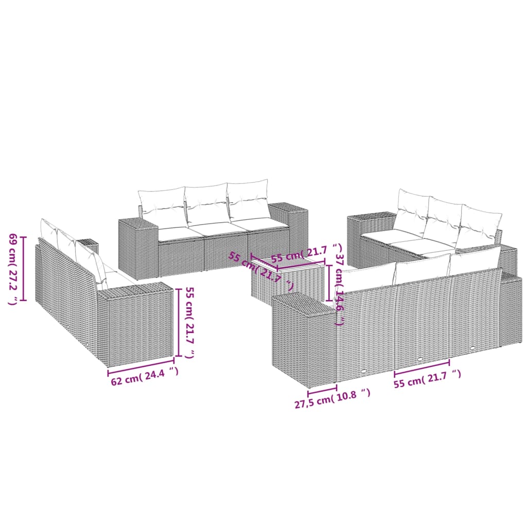 13 Pcs conjunto de sofás de jardim com almofadões vime PE preto