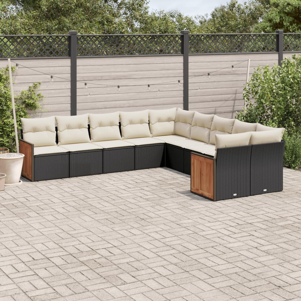 10 Pcs conjunto sofás de jardim c/ almofadões vime PE preto