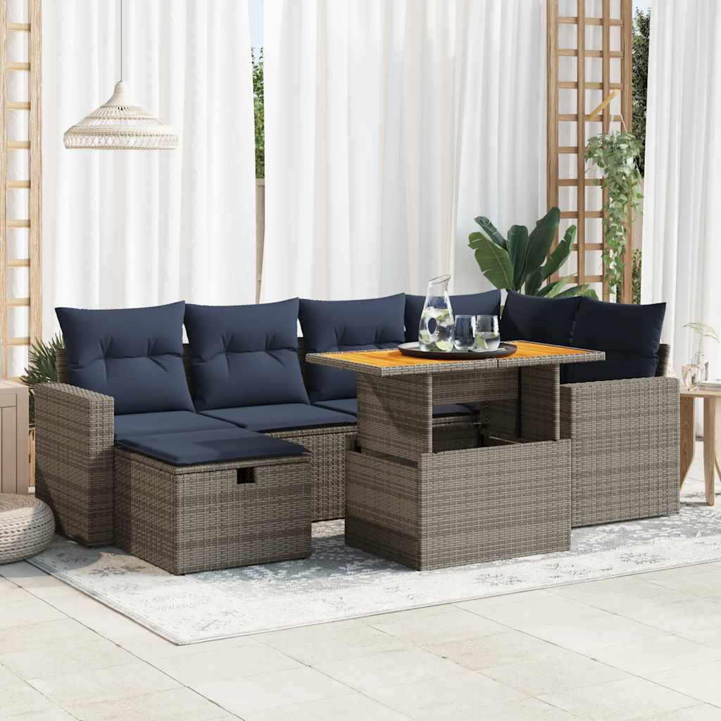 7 Pcs conjunto sofás jardim c/ almofadões vime PE/acácia preto